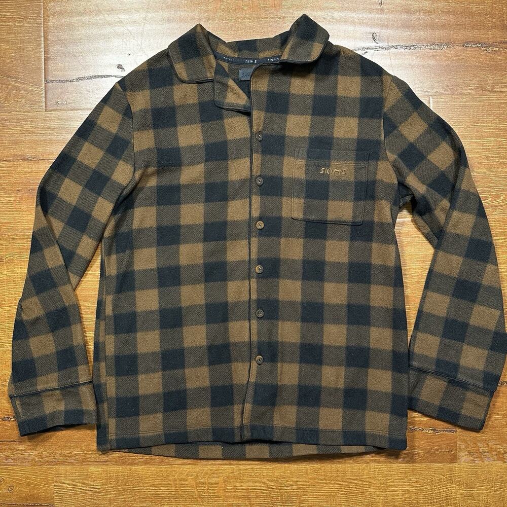 Skims Fleece Oversized Button Up Shirt M Brown Tartan Plaid Lounge Sleep Pajam